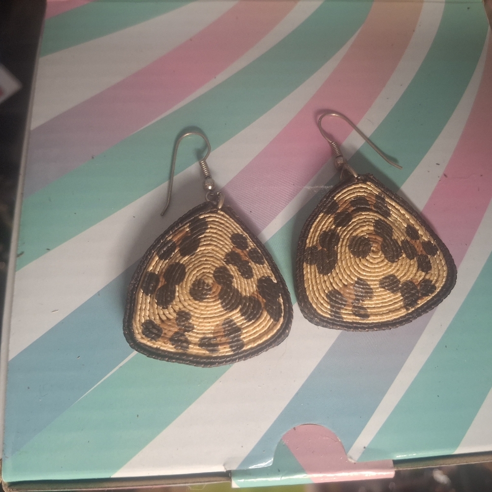 Handcrafted Leopard Print Straw Drop Earrings - Brown